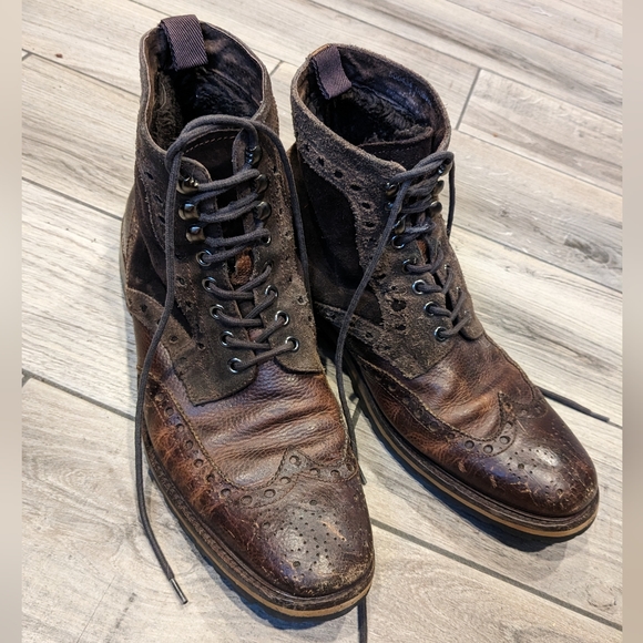 Men's ASTON GREY leather boots faux fur lined wingtip dark whiskey brown - Picture 1 of 6